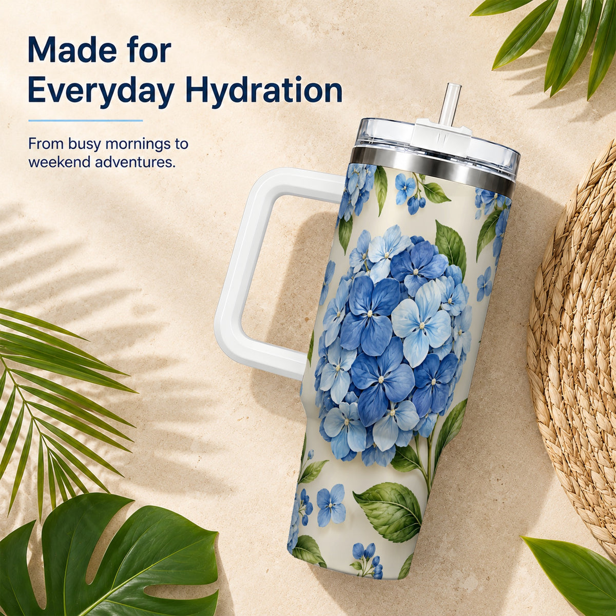 #pl[40oz|White] Hydrangea Floral 40oz Tumbler with Handle, Watercolor Travel Cup