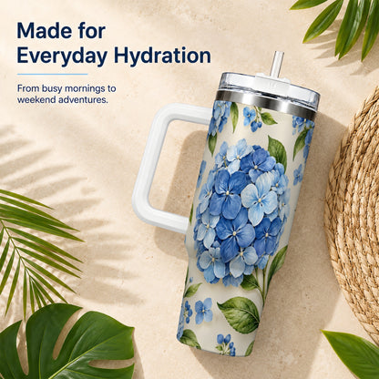 #pl[40oz|White] Hydrangea Floral 40oz Tumbler with Handle, Watercolor Travel Cup