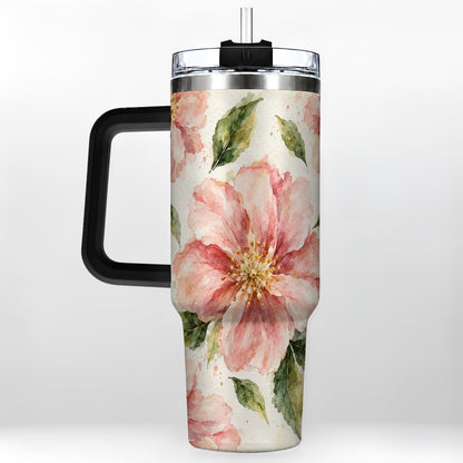 #pl[40oz|Black] Blossom Floral 40oz Tumbler with Handle, Watercolor Travel Cup
