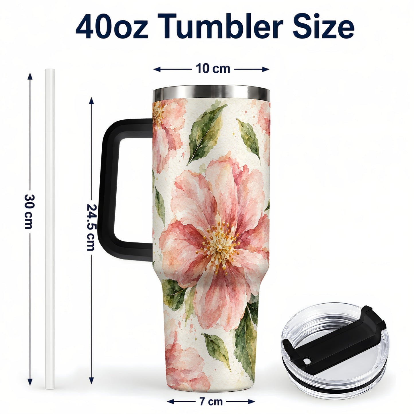 #pl[40oz|Black] Blossom Floral 40oz Tumbler with Handle, Watercolor Travel Cup