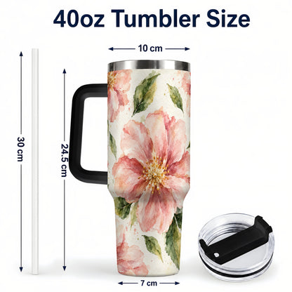 #pl[40oz|Black] Blossom Floral 40oz Tumbler with Handle, Watercolor Travel Cup