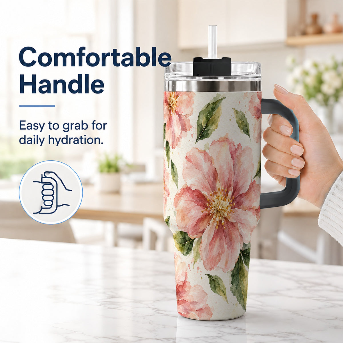 #pl[40oz|Black] Blossom Floral 40oz Tumbler with Handle, Watercolor Travel Cup