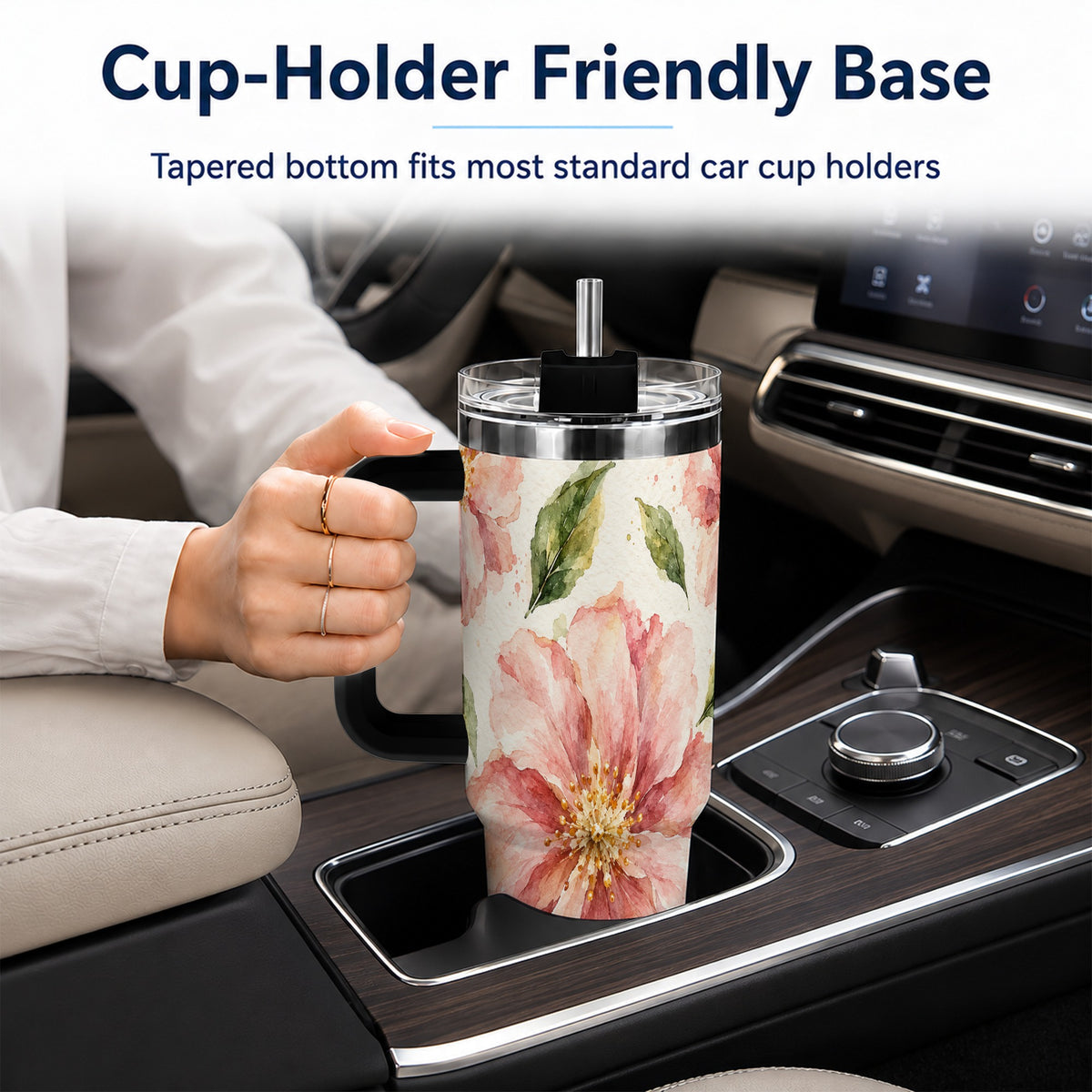 #pl[40oz|Black] Blossom Floral 40oz Tumbler with Handle, Watercolor Travel Cup