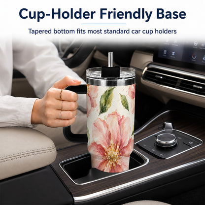 #pl[40oz|Black] Blossom Floral 40oz Tumbler with Handle, Watercolor Travel Cup