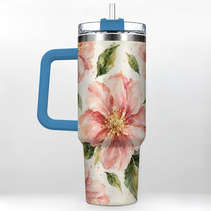 #pl[40oz|Blue] Blossom Floral 40oz Tumbler with Handle, Watercolor Travel Cup