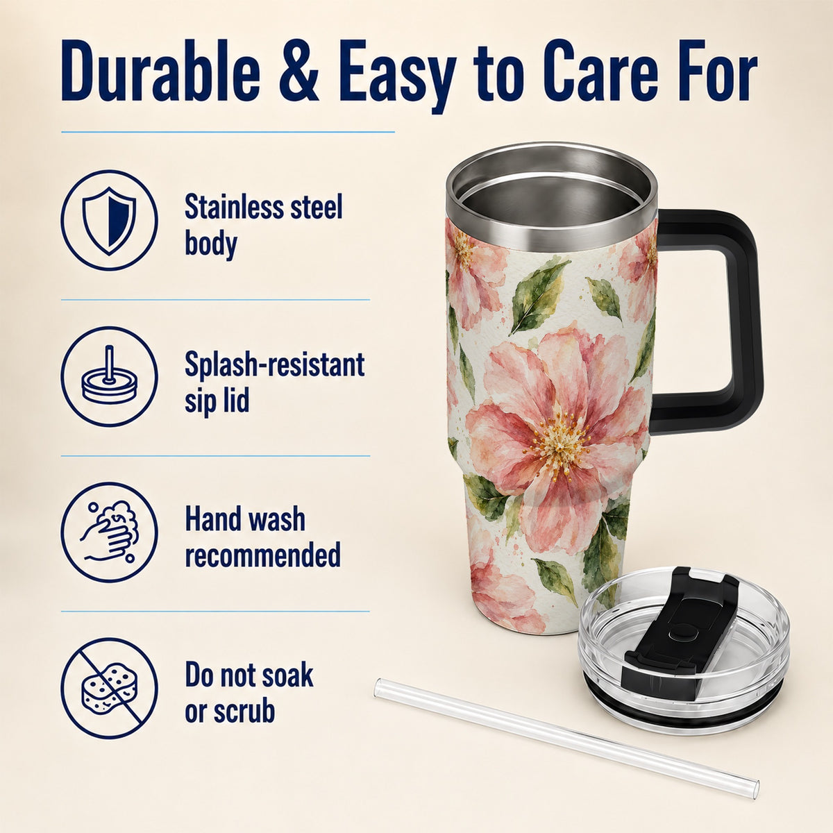 #pl[40oz|Black] Blossom Floral 40oz Tumbler with Handle, Watercolor Travel Cup