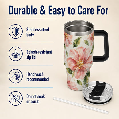 #pl[40oz|Black] Blossom Floral 40oz Tumbler with Handle, Watercolor Travel Cup