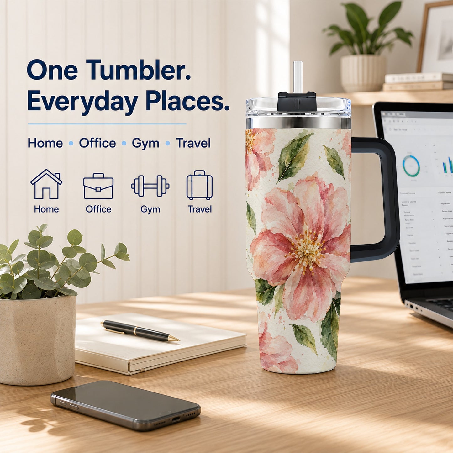 #pl[40oz|Black] Blossom Floral 40oz Tumbler with Handle, Watercolor Travel Cup