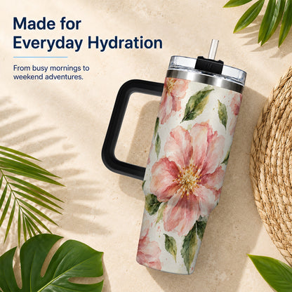 #pl[40oz|Black] Blossom Floral 40oz Tumbler with Handle, Watercolor Travel Cup