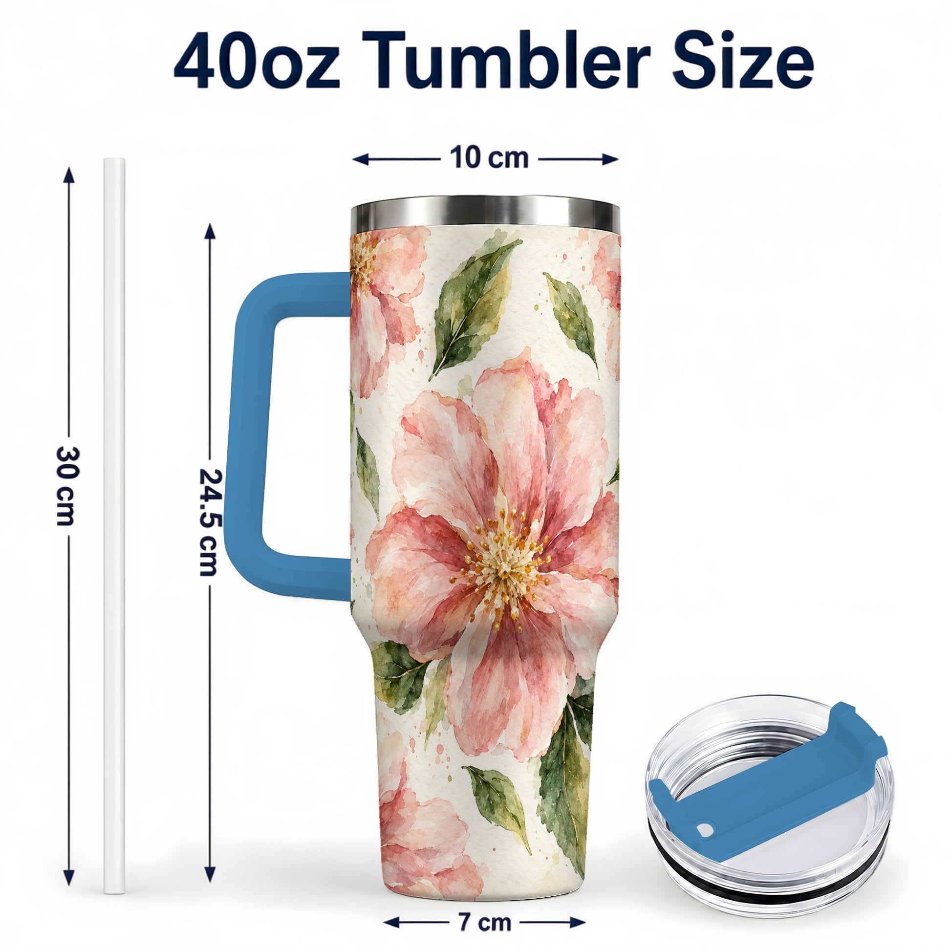 #pl[40oz|Blue] Blossom Floral 40oz Tumbler with Handle, Watercolor Travel Cup
