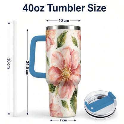 #pl[40oz|Blue] Blossom Floral 40oz Tumbler with Handle, Watercolor Travel Cup