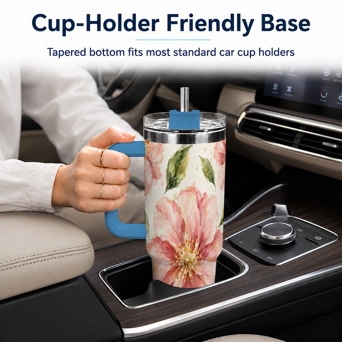 #pl[40oz|Blue] Blossom Floral 40oz Tumbler with Handle, Watercolor Travel Cup