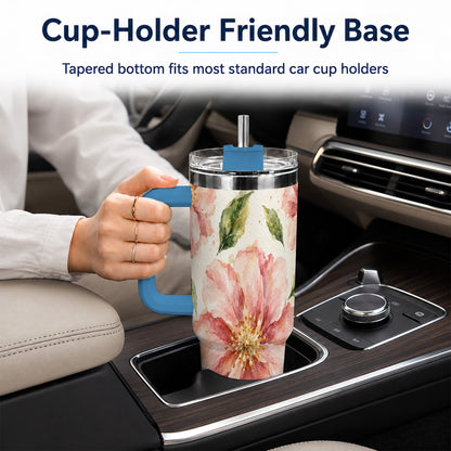 #pl[40oz|Blue] Blossom Floral 40oz Tumbler with Handle, Watercolor Travel Cup