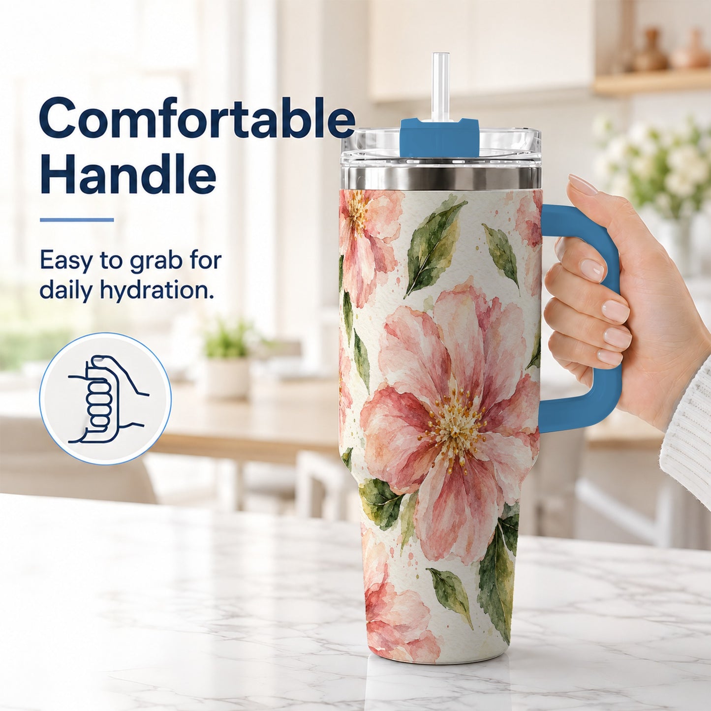 #pl[40oz|Blue] Blossom Floral 40oz Tumbler with Handle, Watercolor Travel Cup