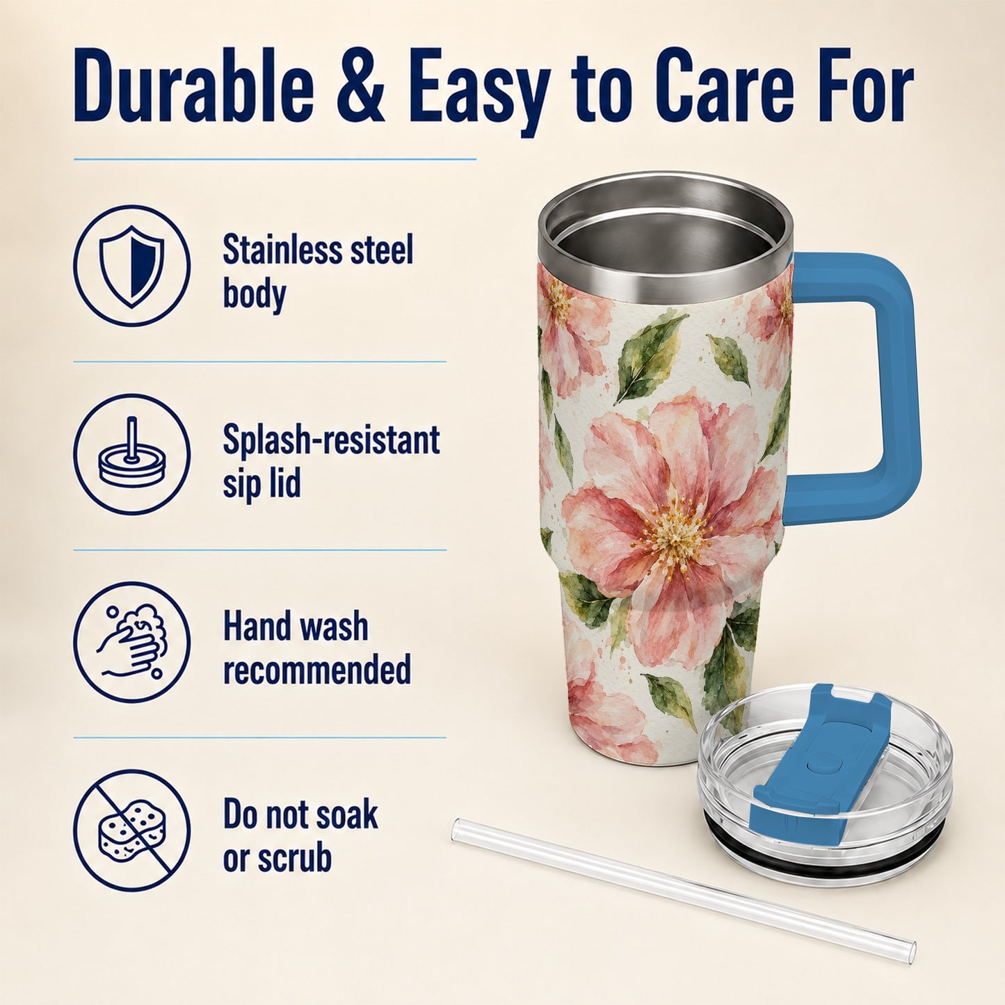 #pl[40oz|Blue] Blossom Floral 40oz Tumbler with Handle, Watercolor Travel Cup