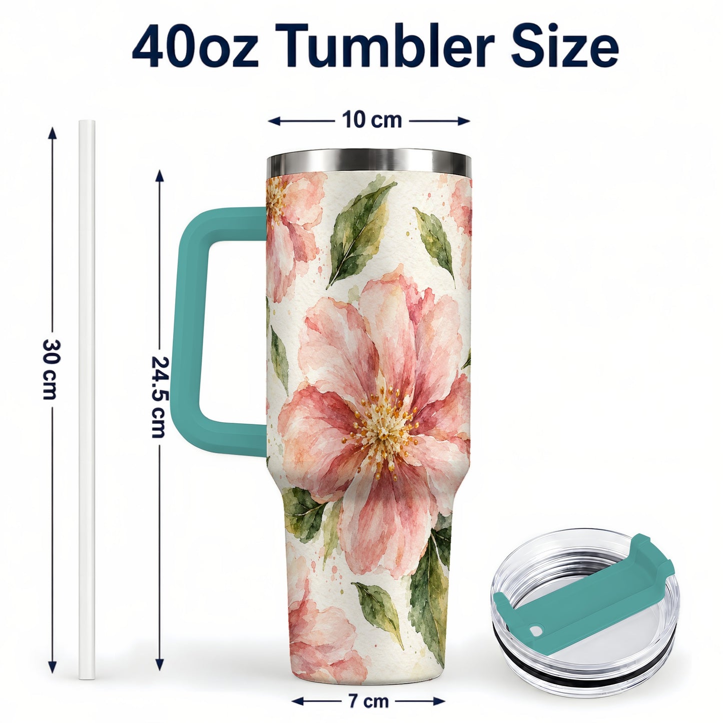 #pl[40oz|Green] Blossom Floral 40oz Tumbler with Handle, Watercolor Travel Cup