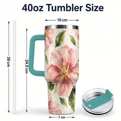 #pl[40oz|Green] Blossom Floral 40oz Tumbler with Handle, Watercolor Travel Cup