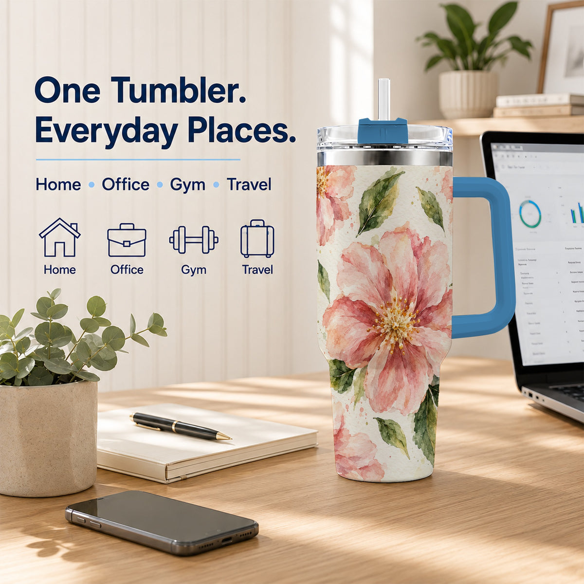#pl[40oz|Blue] Blossom Floral 40oz Tumbler with Handle, Watercolor Travel Cup