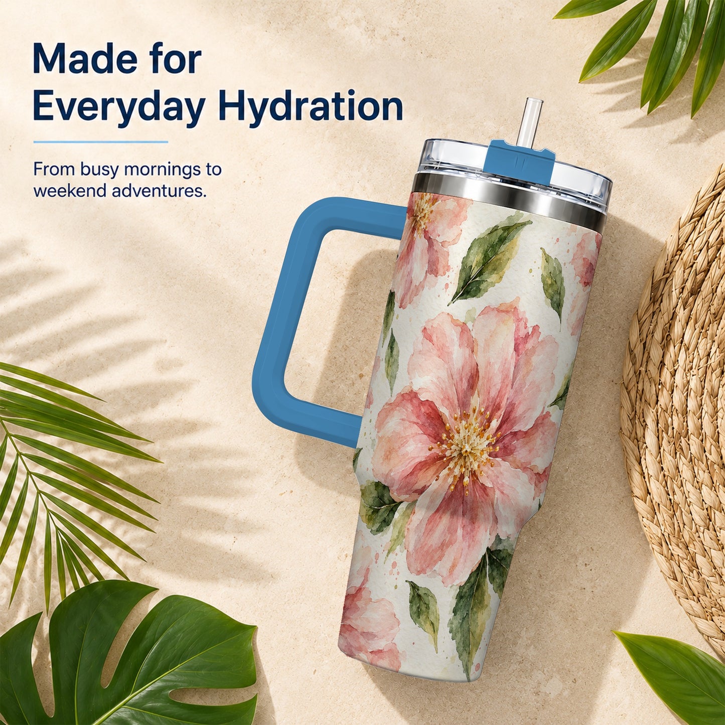 #pl[40oz|Blue] Blossom Floral 40oz Tumbler with Handle, Watercolor Travel Cup