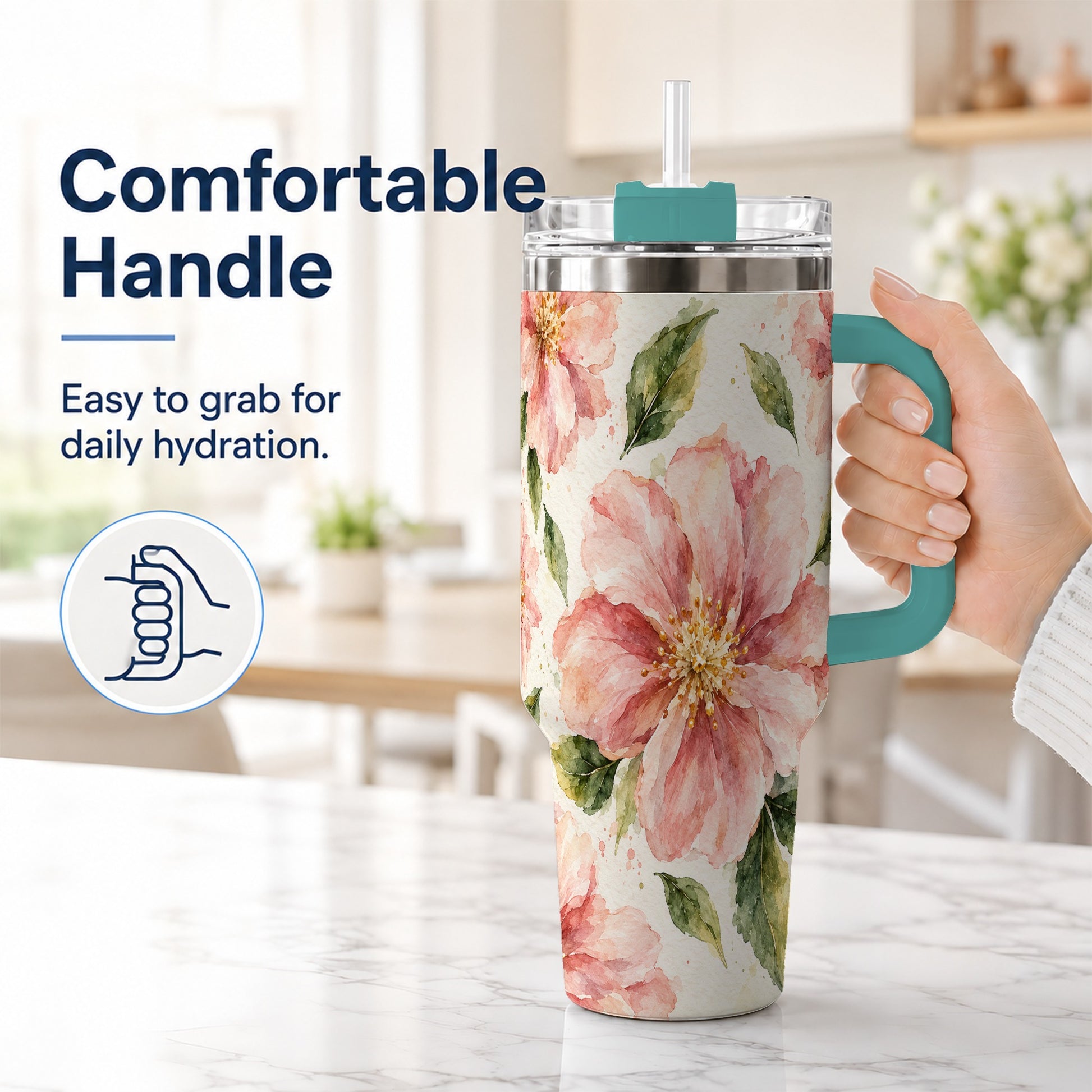 #pl[40oz|Green] Blossom Floral 40oz Tumbler with Handle, Watercolor Travel Cup