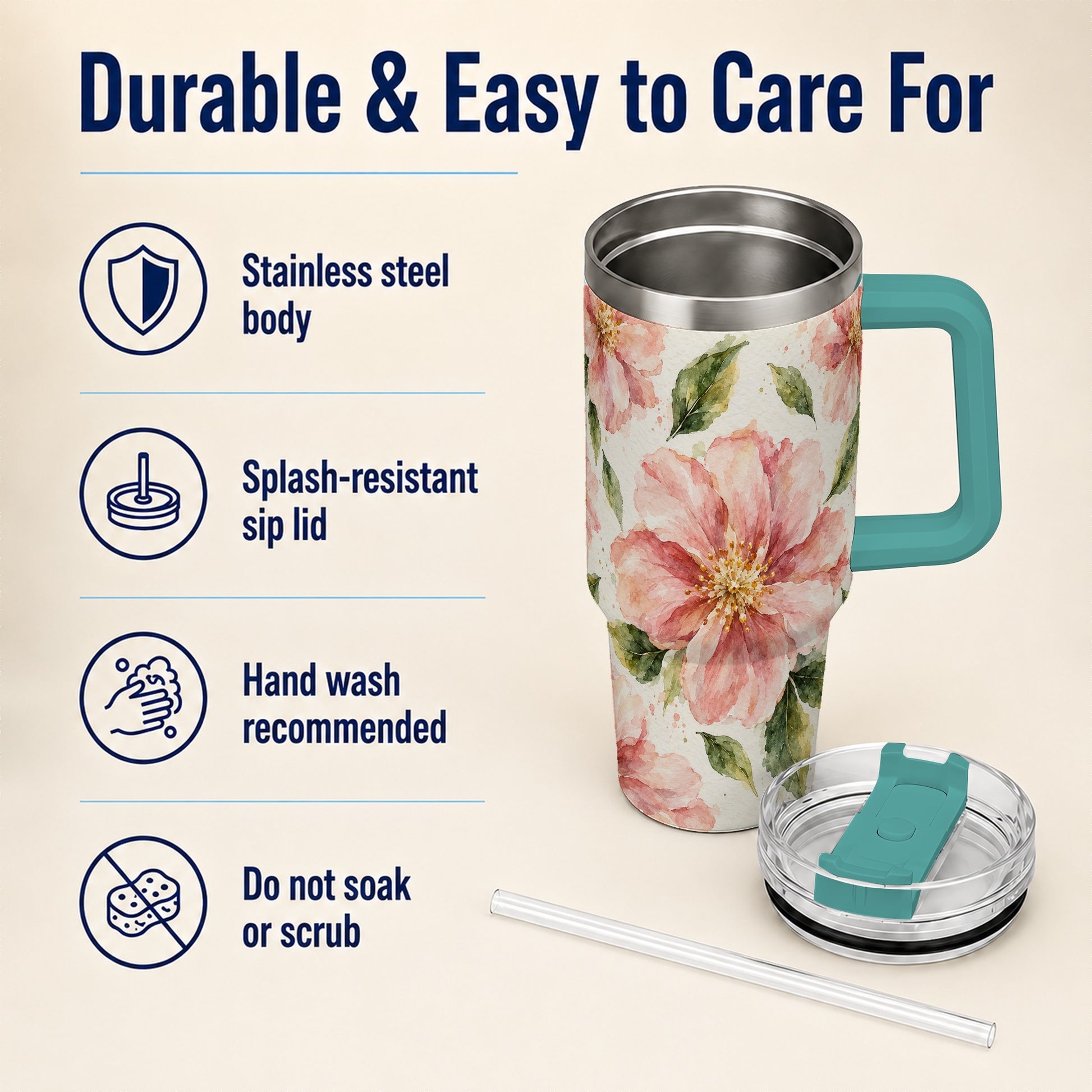 #pl[40oz|Green] Blossom Floral 40oz Tumbler with Handle, Watercolor Travel Cup
