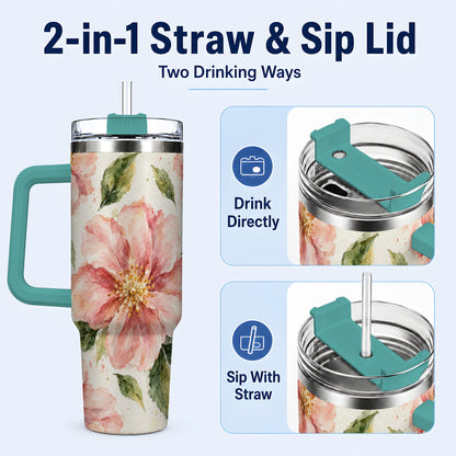 #pl[40oz|Green] Blossom Floral 40oz Tumbler with Handle, Watercolor Travel Cup
