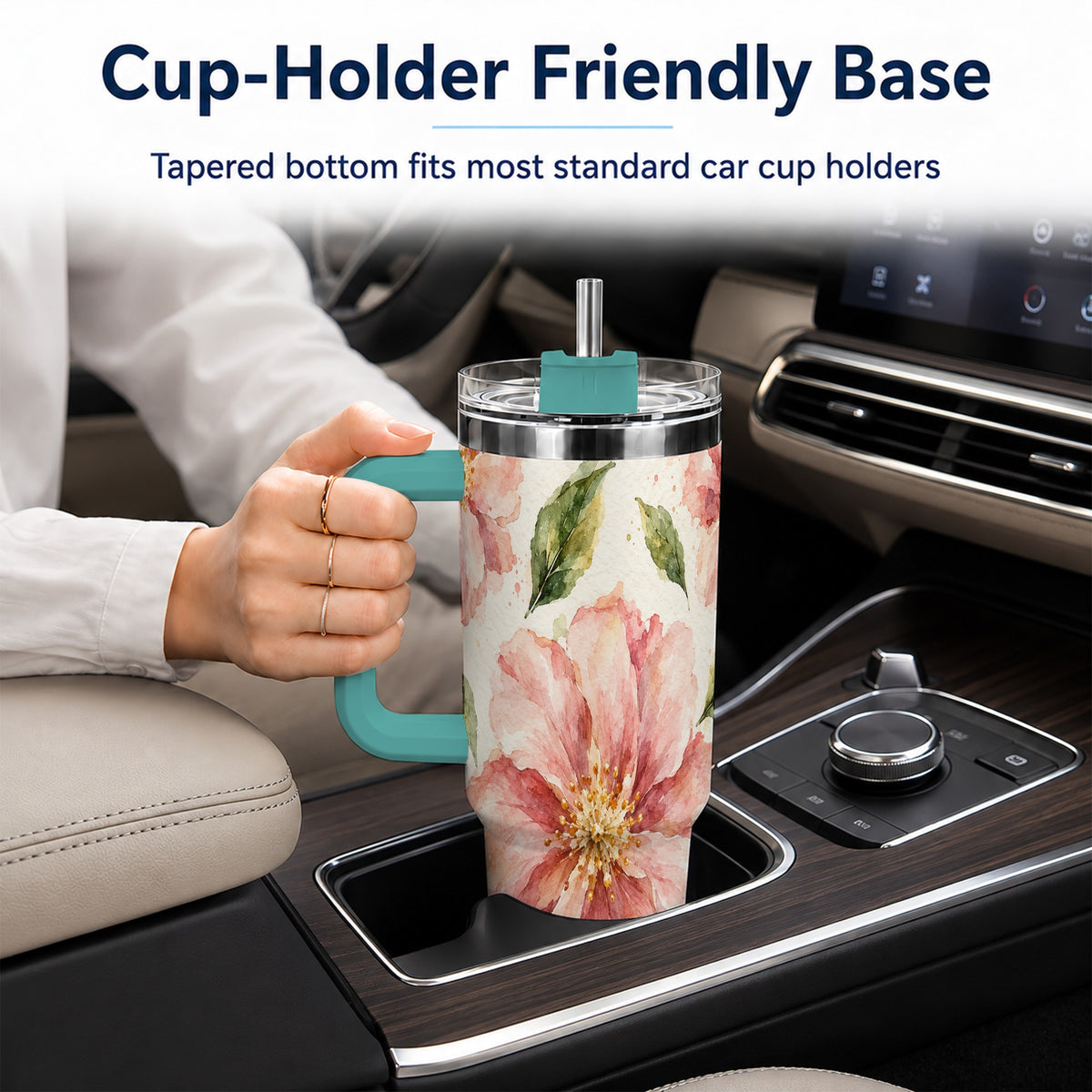 #pl[40oz|Green] Blossom Floral 40oz Tumbler with Handle, Watercolor Travel Cup