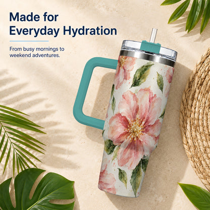#pl[40oz|Green] Blossom Floral 40oz Tumbler with Handle, Watercolor Travel Cup