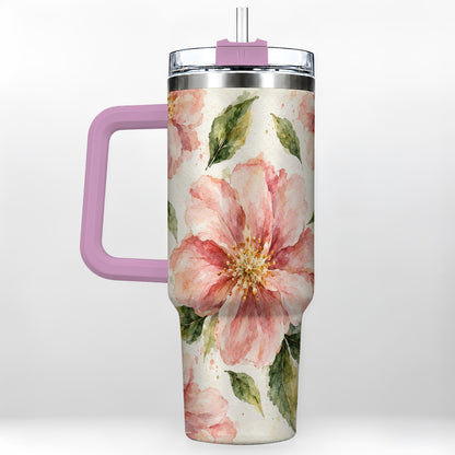 #pl[40oz|Pink] Blossom Floral 40oz Tumbler with Handle, Watercolor Travel Cup