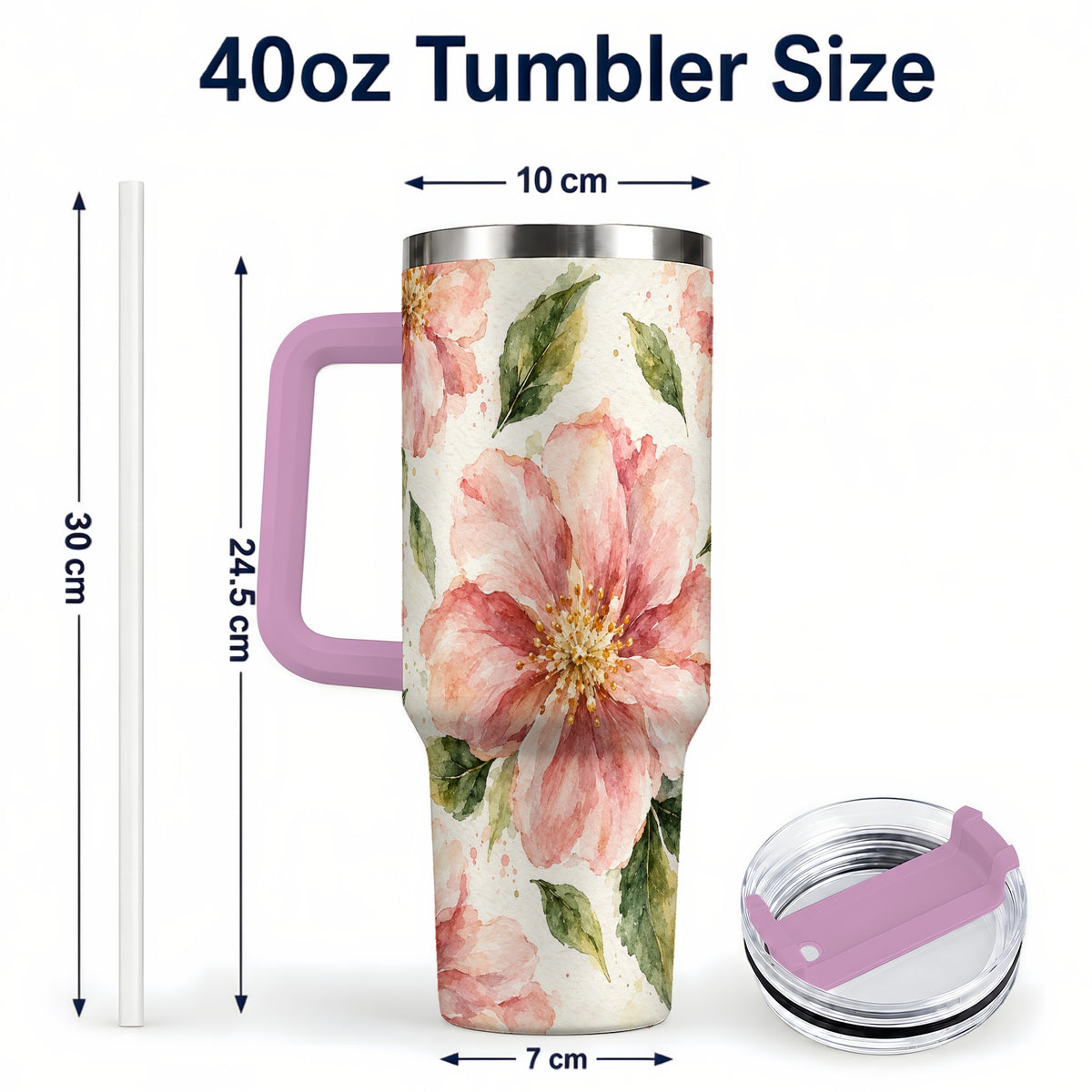 #pl[40oz|Pink] Blossom Floral 40oz Tumbler with Handle, Watercolor Travel Cup