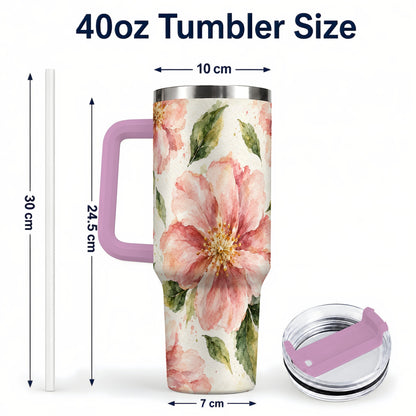 #pl[40oz|Pink] Blossom Floral 40oz Tumbler with Handle, Watercolor Travel Cup