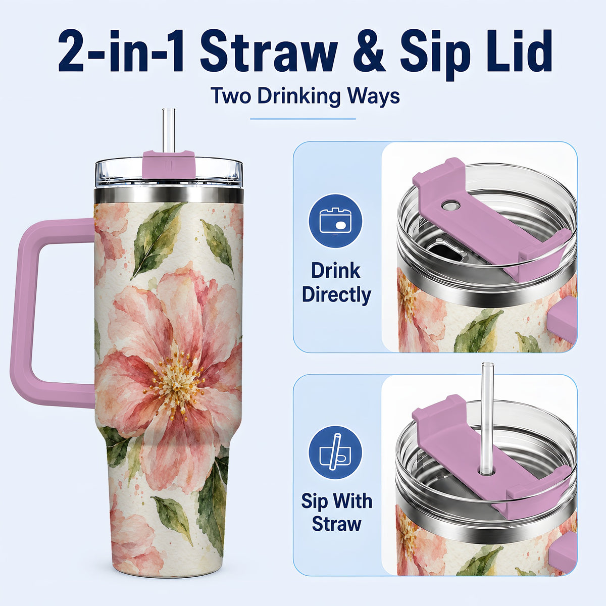 #pl[40oz|Pink] Blossom Floral 40oz Tumbler with Handle, Watercolor Travel Cup