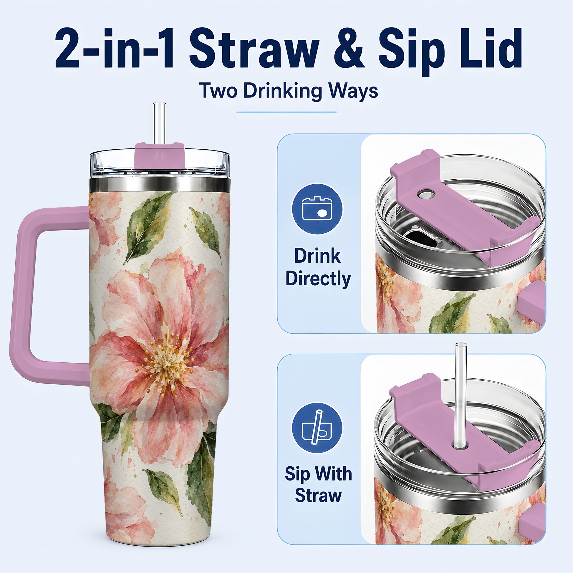 #pl[40oz|Pink] Blossom Floral 40oz Tumbler with Handle, Watercolor Travel Cup