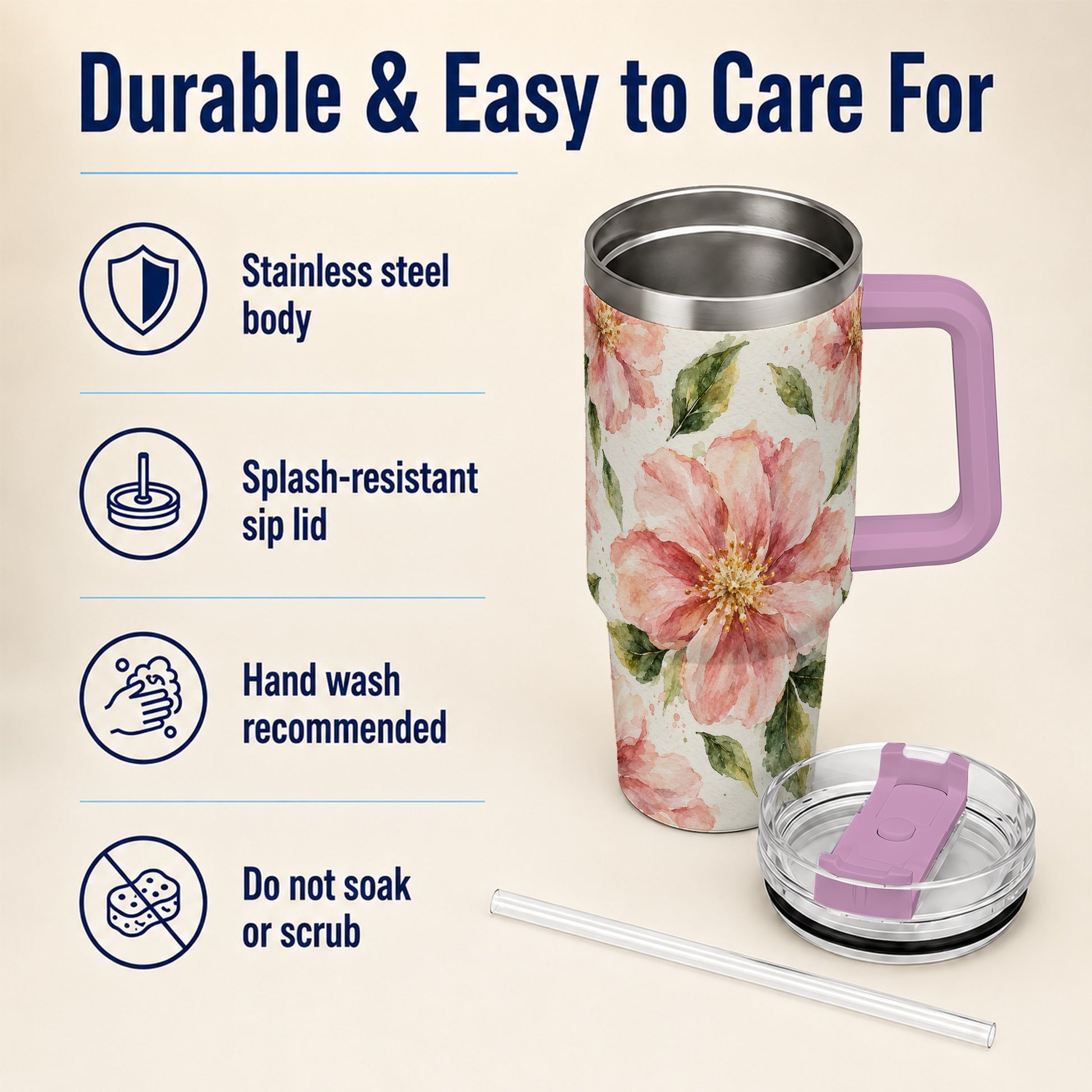 #pl[40oz|Pink] Blossom Floral 40oz Tumbler with Handle, Watercolor Travel Cup