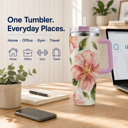 #pl[40oz|Pink] Blossom Floral 40oz Tumbler with Handle, Watercolor Travel Cup