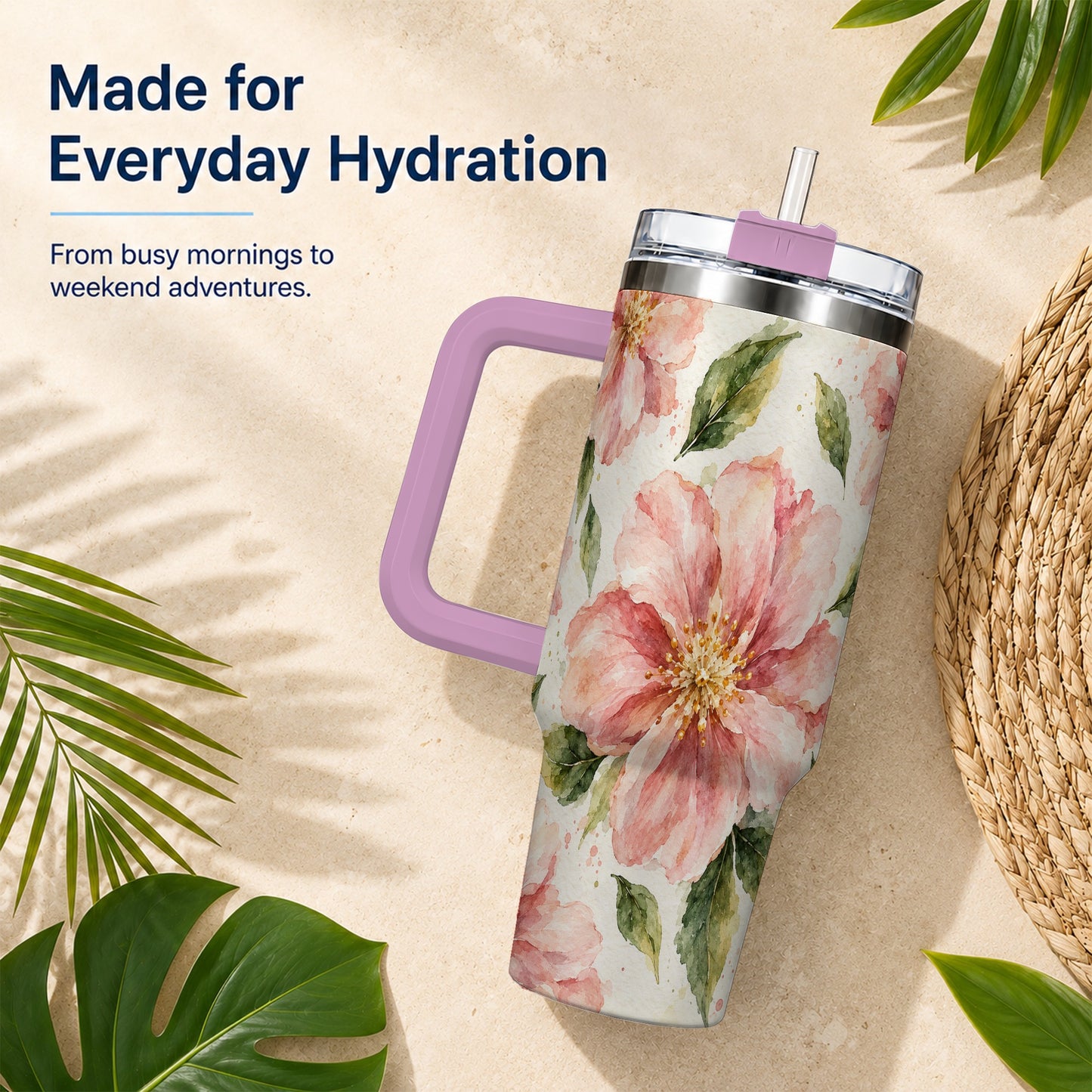 #pl[40oz|Pink] Blossom Floral 40oz Tumbler with Handle, Watercolor Travel Cup