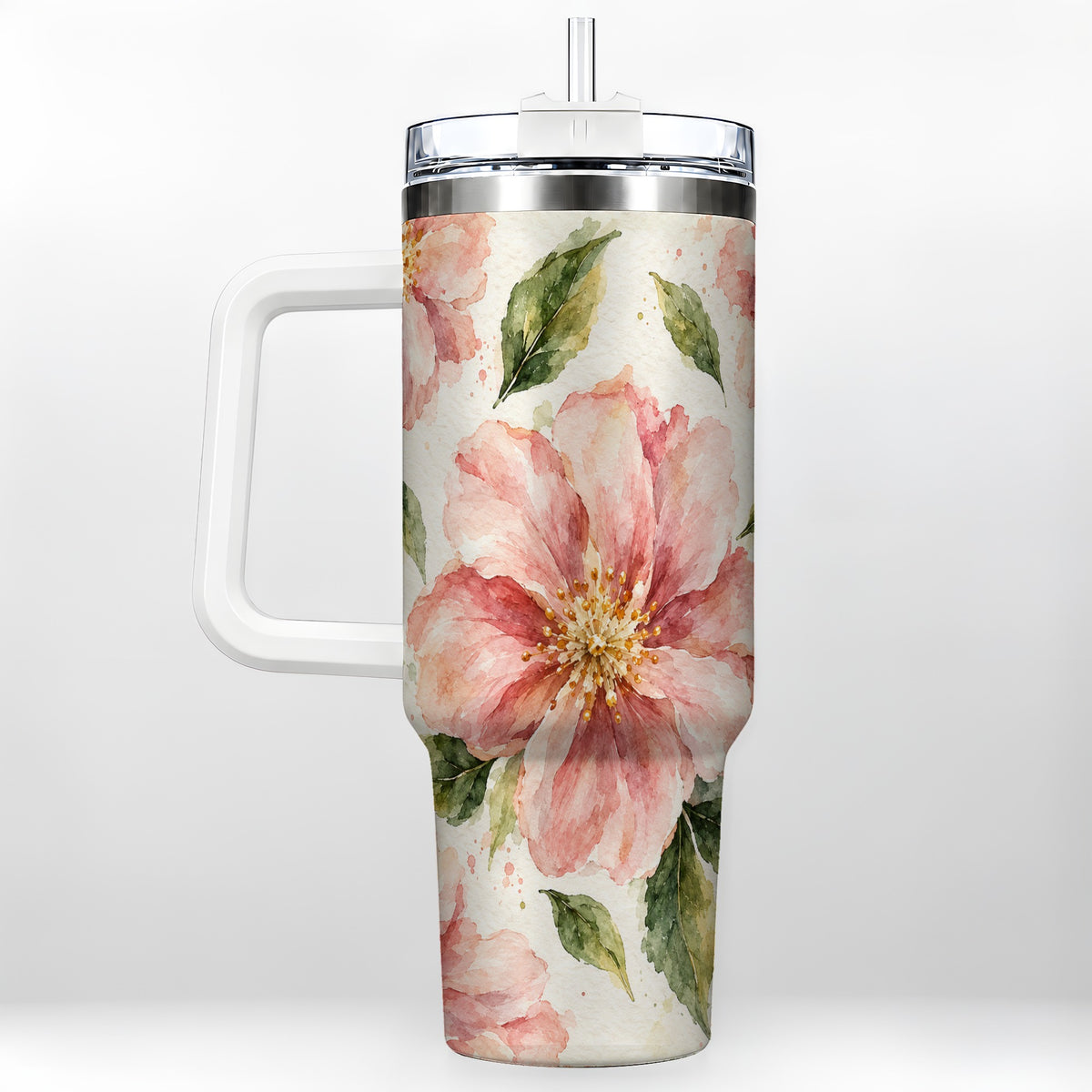 Blossom Floral 40oz Tumbler with Handle, Watercolor Travel Cup