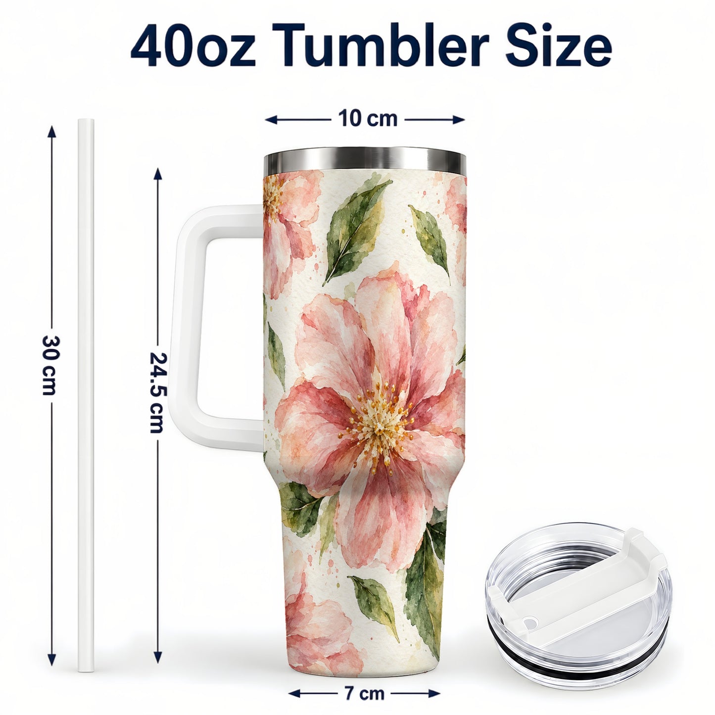 #pl[40oz|White] Blossom Floral 40oz Tumbler with Handle, Watercolor Travel Cup