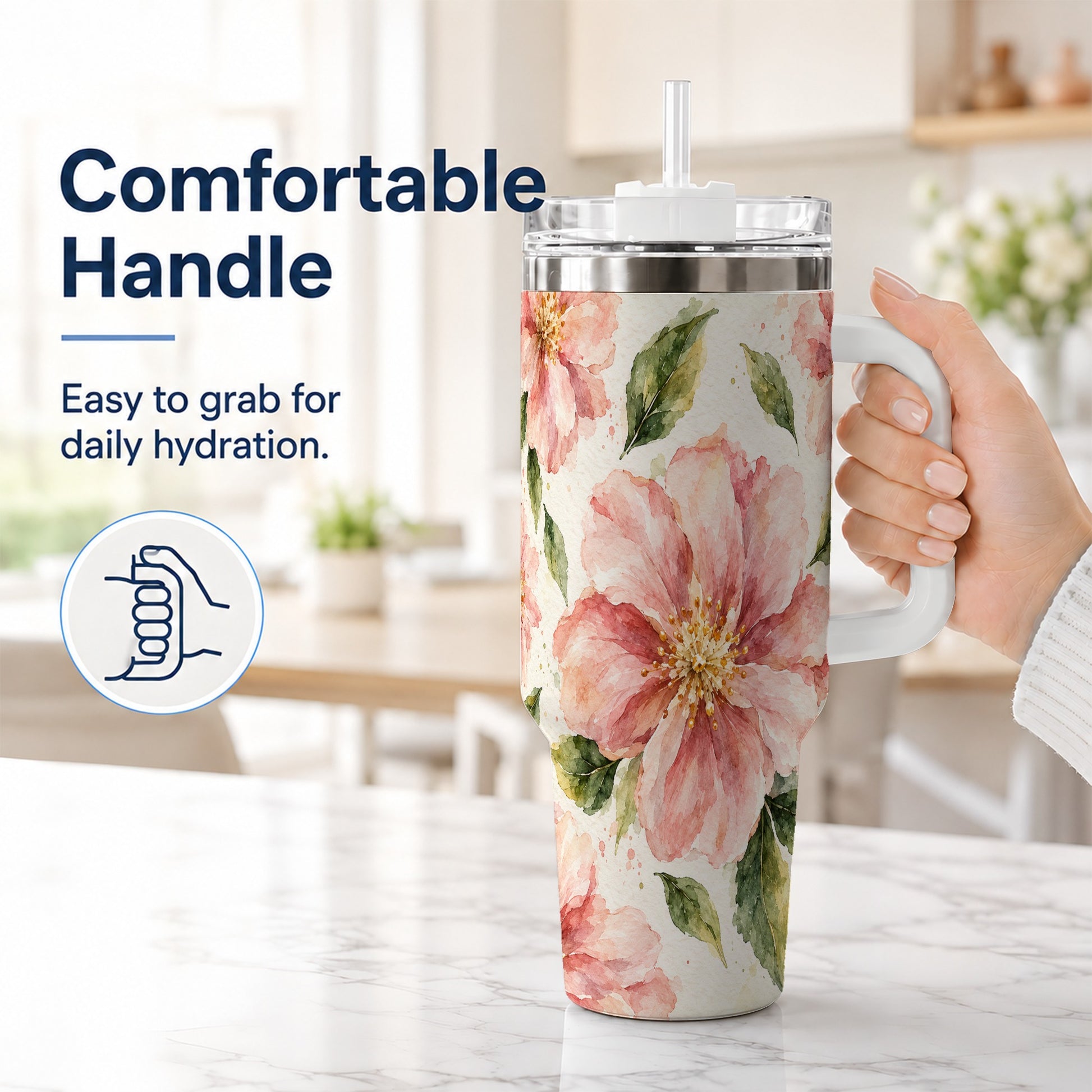 #pl[40oz|White] Blossom Floral 40oz Tumbler with Handle, Watercolor Travel Cup