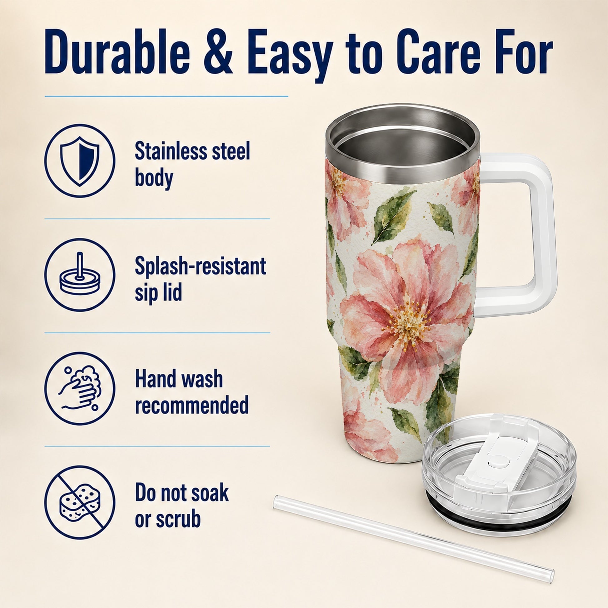 #pl[40oz|White] Blossom Floral 40oz Tumbler with Handle, Watercolor Travel Cup