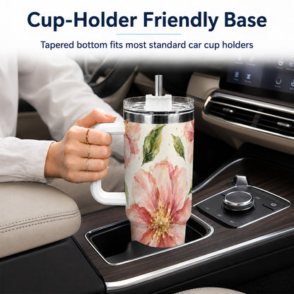#pl[40oz|White] Blossom Floral 40oz Tumbler with Handle, Watercolor Travel Cup