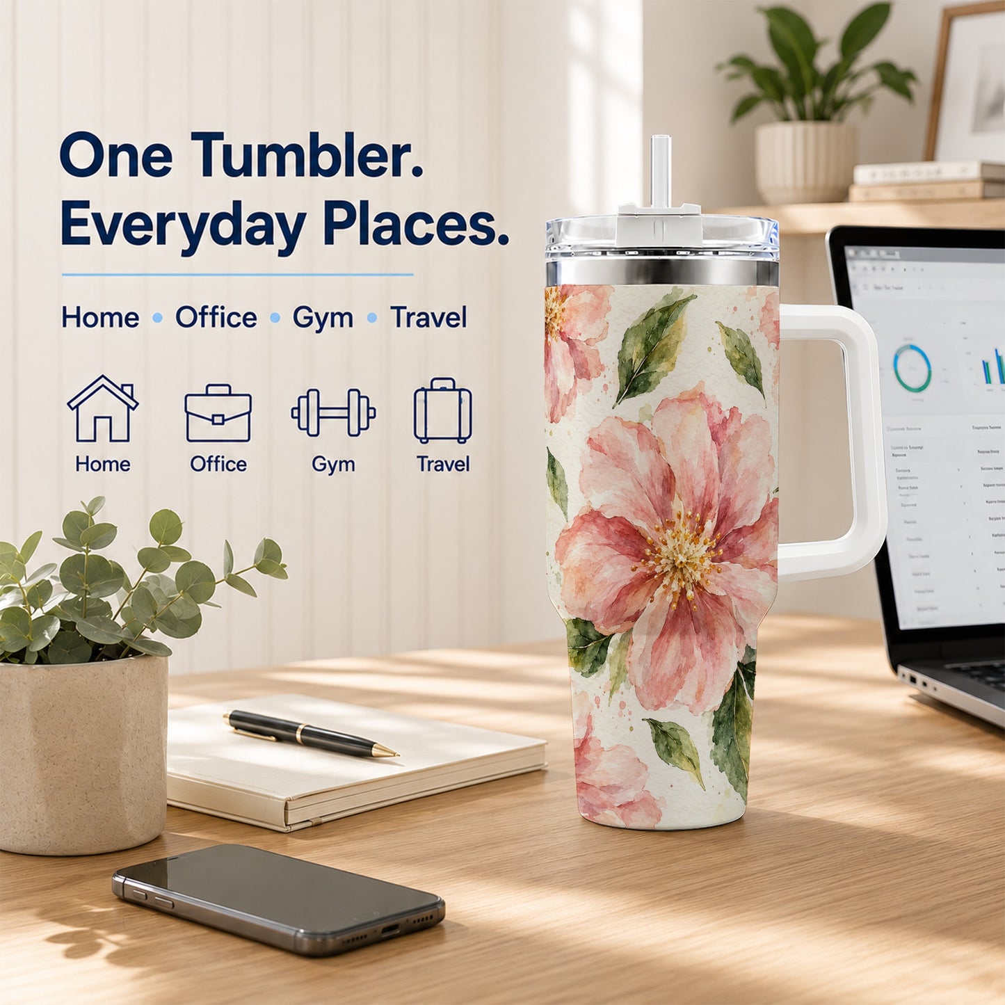 #pl[40oz|White] Blossom Floral 40oz Tumbler with Handle, Watercolor Travel Cup