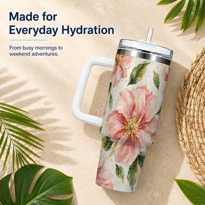 #pl[40oz|White] Blossom Floral 40oz Tumbler with Handle, Watercolor Travel Cup