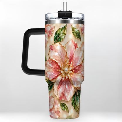 #pl[40oz|Black] Gemstone Style Floral 40oz Tumbler with Handle, Botanical Travel Cup