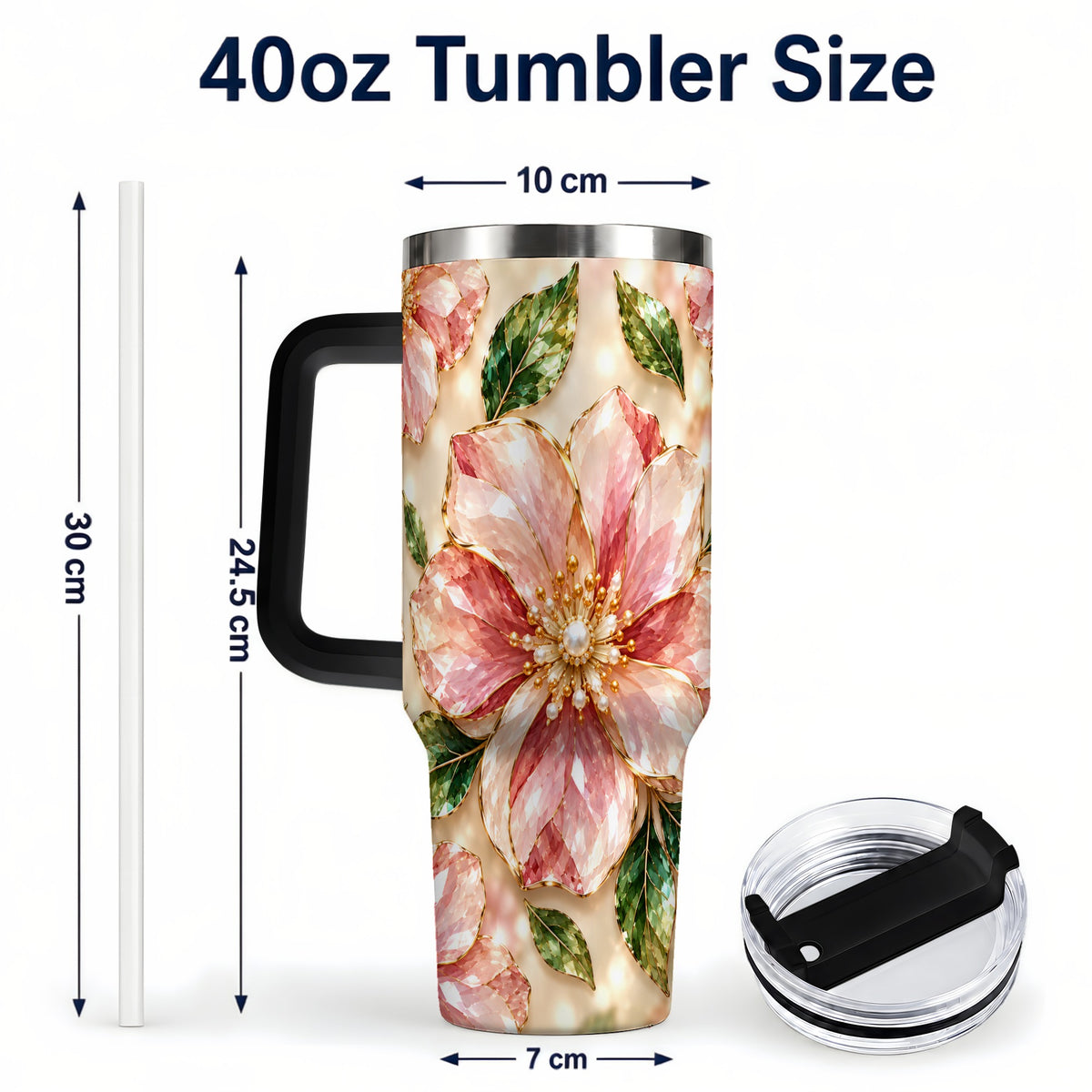 #pl[40oz|Black] Gemstone Style Floral 40oz Tumbler with Handle, Botanical Travel Cup