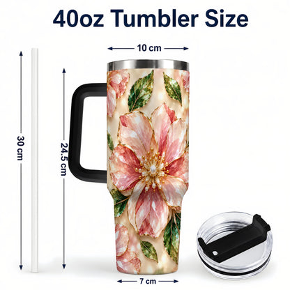 #pl[40oz|Black] Gemstone Style Floral 40oz Tumbler with Handle, Botanical Travel Cup