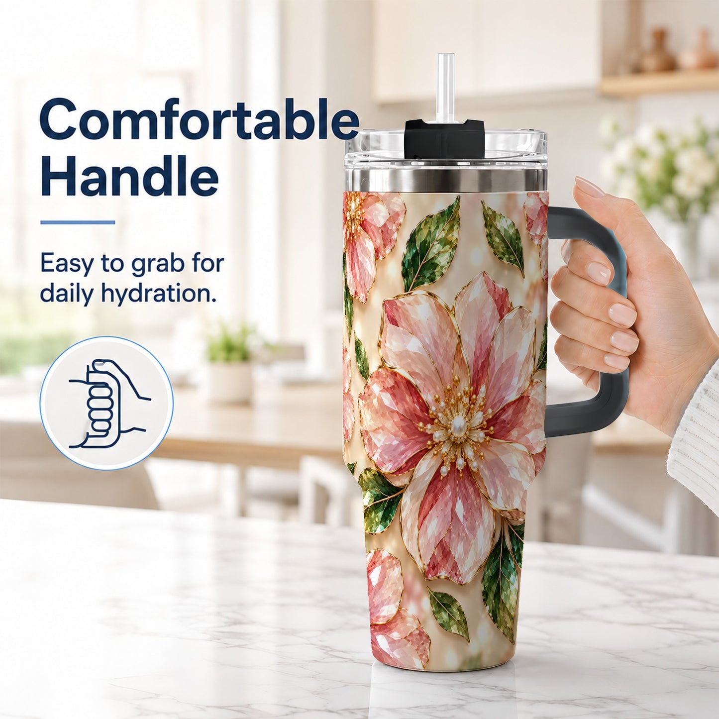 #pl[40oz|Black] Gemstone Style Floral 40oz Tumbler with Handle, Botanical Travel Cup