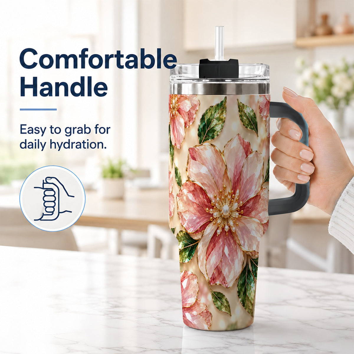 #pl[40oz|Black] Gemstone Style Floral 40oz Tumbler with Handle, Botanical Travel Cup