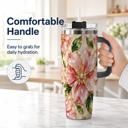 #pl[40oz|Black] Gemstone Style Floral 40oz Tumbler with Handle, Botanical Travel Cup