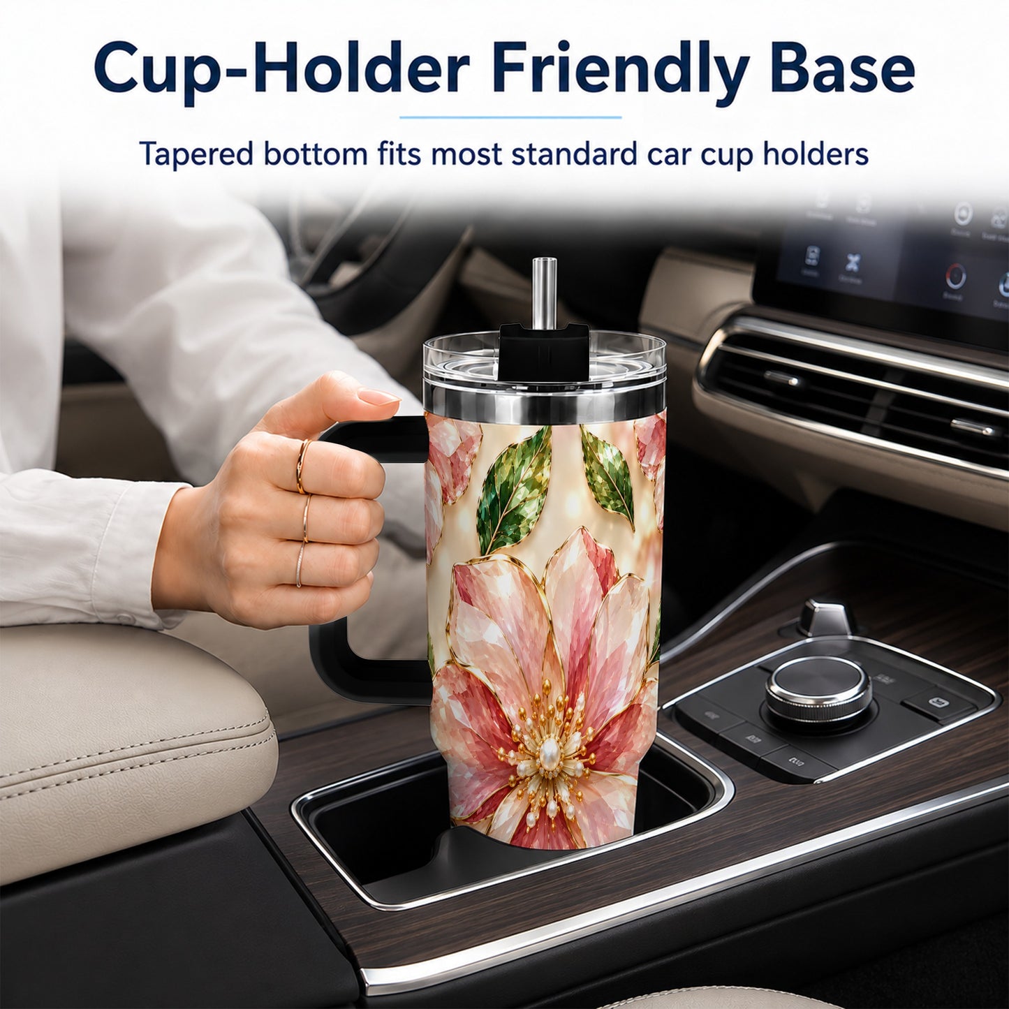 #pl[40oz|Black] Gemstone Style Floral 40oz Tumbler with Handle, Botanical Travel Cup